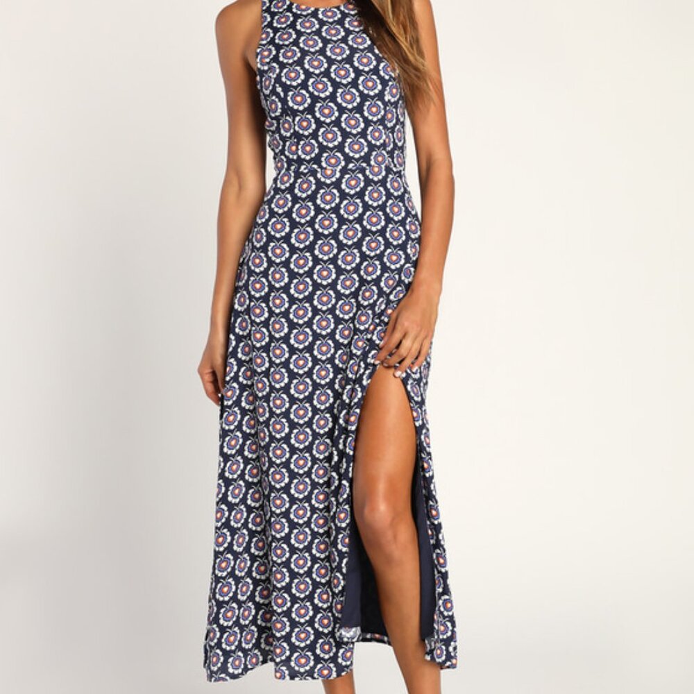 Lulus Flirty Fave Navy Blue Boho Print Tie-back Midi Dress - Size XS